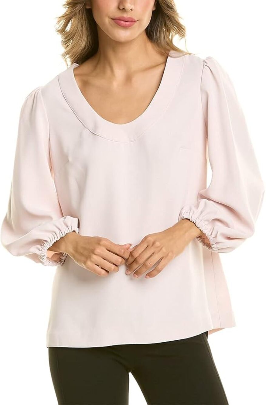 Trina Turk Cream Crepe Scoop Neck 3/4 Balloon Sleeve Business Minimalist Blouse